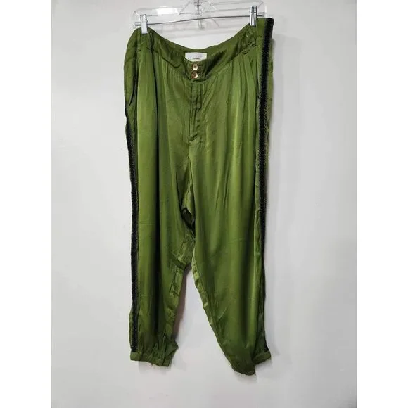 Anthropologie Diandra Green Satin Pleated Joggers Size 16. B-3